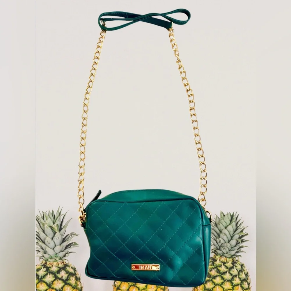 IMAN Teal Green Quilted Leather Crossbody with Gold Chain